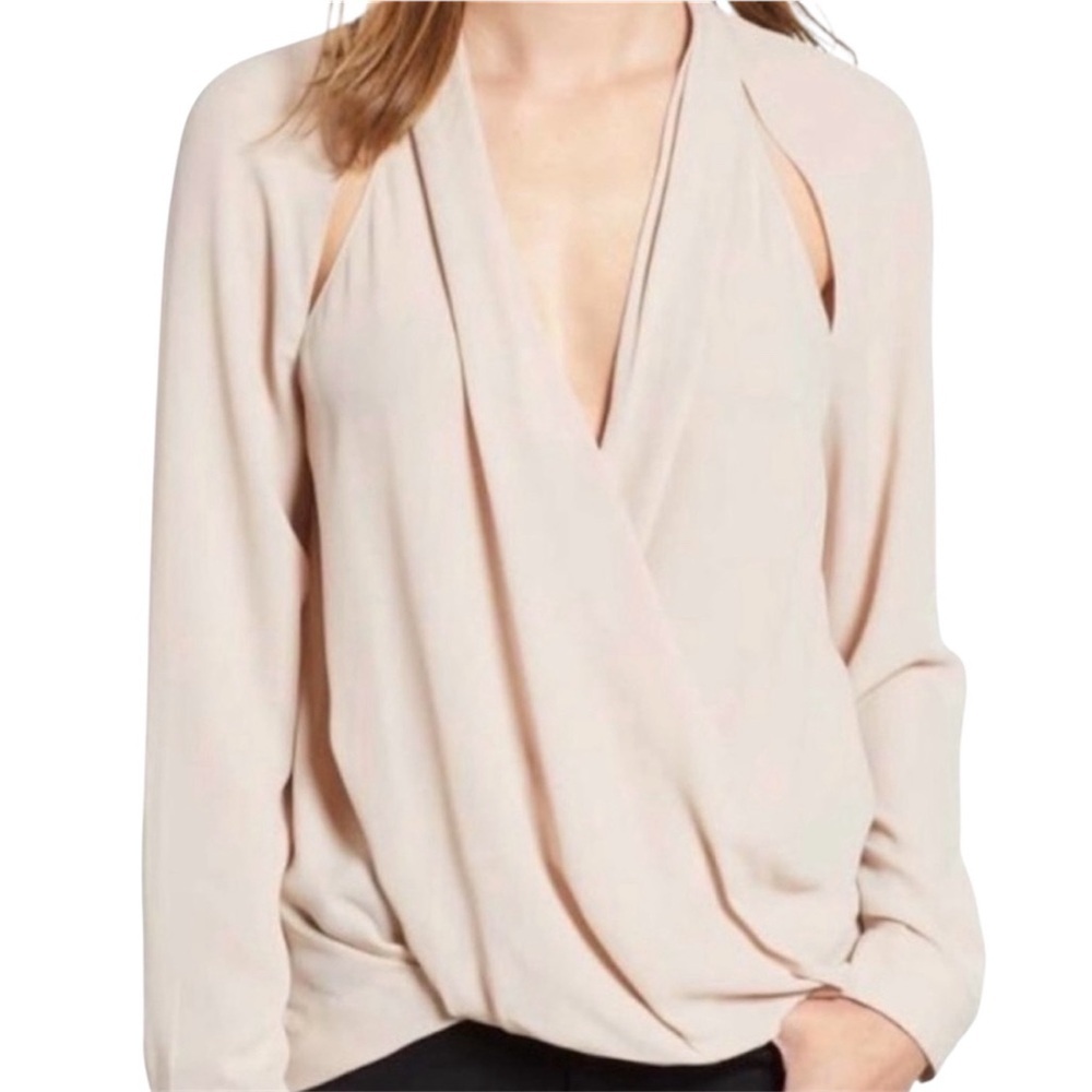 Trouve Cutout Surplice Long Sleeve Blouse, Nude, Neutral, minimalist, M